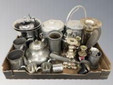 Metal wares : pewter pieces, silver plated wine cooler, candlesticks,