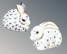 Two Royal Crown Derby Rabbit paperweights,