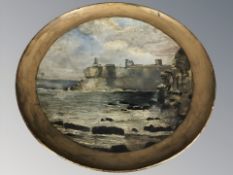 An early 20th century oil painting on ceramic plaque depicting the coast at Tynemouth with the