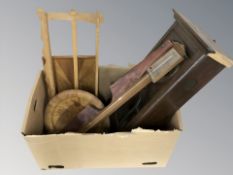 An oak wall clock, stick barometer, wall shelf, tray,