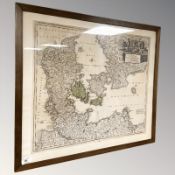 A 19th century hand coloured map of Denmark, 59 cm x 50 cm.