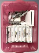 A Nintendo Wii console, controllers, leads and various games.