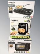 A boxed hot plate, mini oven and air fryer.