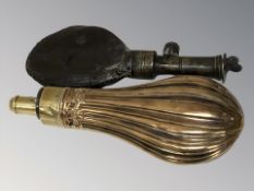 A 19th century copper and brass powder flask,