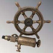 An early 20th century brass mounted teak ship's wheel, diameter 46 cm,
