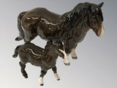 A Beswick brown gloss Shetland pony and foal,