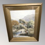 Robert Peterson : Figures crossing stepping stones over a calm river, watercolour,