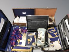Five briefcases containing a collection of Masonic regalia,