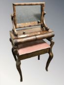 A 19th century mahogany and rosewood swing dressing table mirror and an Edwardian piano stool.