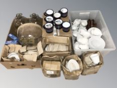 A quantity of modern dinner wares, cake stand and cover, demijohns, mugs, etc.