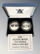 Royal Mint : 1992 United Kingdom Silver Proof Ten Pence Two-Coin Set, 17.81 g in all.