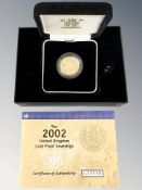 Queen Elizabeth II 2002 Gold Proof Sovereign, with certificate of authenticity, boxed.