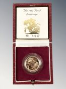 Queen Elizabeth II 1985 Gold Proof Sovereign, with certificate of authenticity, cased.