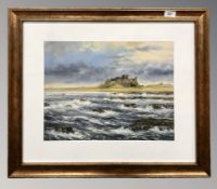 John Clive Madgin : Bamburgh Castle, oil on panel, signed and dated 1985, 34 cm x 44 cm, framed.