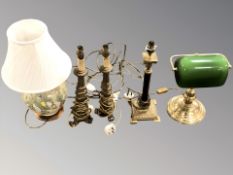 A banker's style brass desk lamp, pair of gilt composition table lamps,
