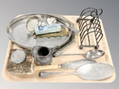 A silver mounted cut glass inkwell, together with EPNS cutlery, seven bar toast rack,