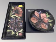 A modern Moorcroft pin dish and further rectangular dish,