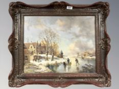 M J Rendall : Dutch Winter Landscape with Figures Skating on a Frozen River, oil on canvas, signed,