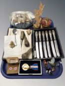 A set of silver-handled butter knives in case together with ship in bottle, Eastern carving,