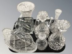 Cut glass items including decanters, bowls,