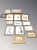 Assorted antique pictures and prints, watercolours of Durham, G P Greener watercolour of harbour,