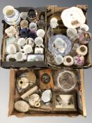 Assorted glass wares, Royal Commemorative china, wooden box, petit point dressing table items,