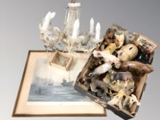 A group of animal ornaments, money boxes, chandelier,