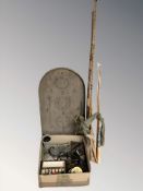 Two vintage split cane fishing rods, tennis racket, bagatelle board, reels,