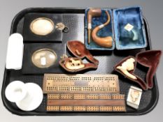 A group of Meerschaum pipes, two further cased pipes with silver mounts, cribbage board, vesta,