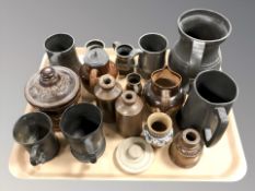 19th century pewter tankards, stone ware bottle, Doulton Lambeth tobacco jar,