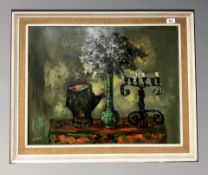 ** Verner (20'th Century School) : Still Life with a Vase of Flowers and a Candelabrum on a Table,