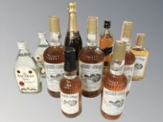 Ten various bottles of alcohol including Southern Comfort, Johnnie Walker,