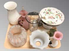 An Art Deco marble glass light shade, other lustre example, Wedgwood porcelain pieces,