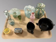 A Mdina glass vase, other coloured glass items,