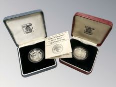 Two United Kingdom Silver Proof One Pound Coins, both boxed,