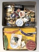 A Wills Golden flake cigarette tin containing assorted enamel lapel badges and pins,