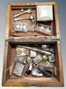 A Victorian inlaid walnut trinket box containing assorted silver and silver-plate,