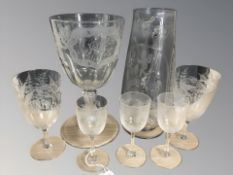 A group of early 20th century etched drinking glasses, goblet, jug,