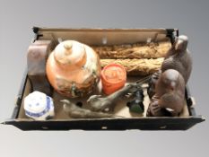 Two carved wooden bird figures, pair of resin tusks, Wilton lustre ginger jar,