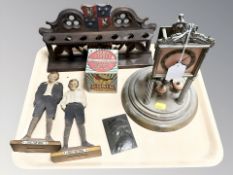 19th century oak pipe rack, box of Robin Starch, bronze relief plaque,