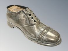 A George V silver pin cushion in the form of a gentleman's shoe, S Blanckensee & Son Ltd,