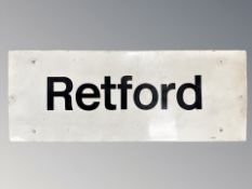 A 20th century enameled metal railway sign 'Retford', 76 cm x 30 cm.