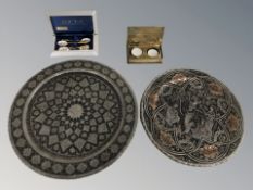 Two Middle Eastern Neillo style wall plaques, largest 38 cm diameter,