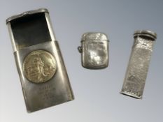 Three antique silver vesta cases, largest 6 cm long. CONDITION REPORT: 82g gross.