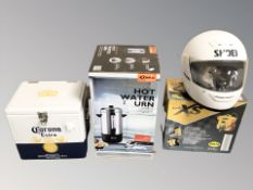 A Shoei motorcycle helmet, boxed jump started/compressor,