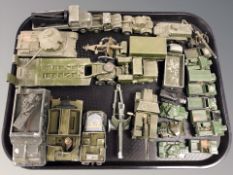 A group of 20th century die cast military vehicles, wagons, tanks etc including Dinky Super Toys,