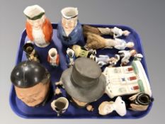 Toby jugs, Staffordshire flat back house, porcelain half dolls, tobacco jar in the form of a man,