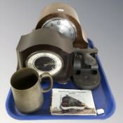 A Bentima mantel clock, Smith's Bakelite clock, cast iron desk punch, tankard,