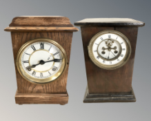 A late Victorian oak eight day mantel clock with enamelled dial and visible dead-beat escapement,