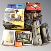 A large quantity of power tools, hardware, spanner and screw driver sets,